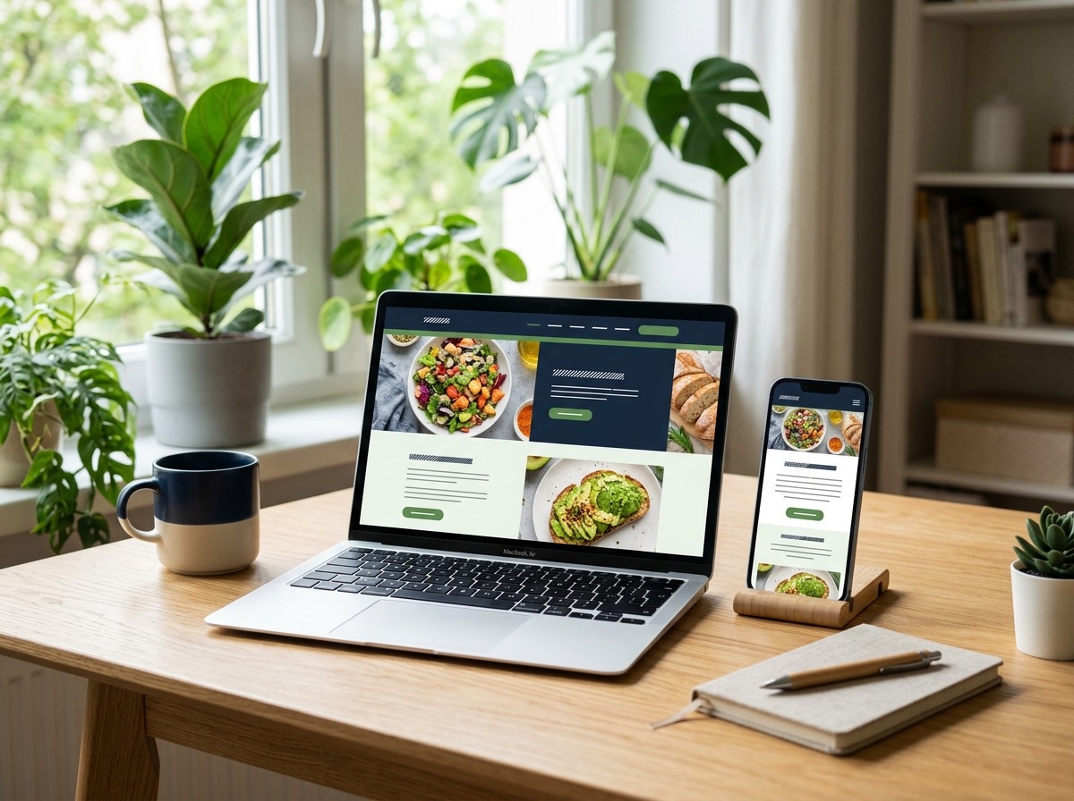 Portatile e smartphone su una scrivania mostrano lo stesso sito web responsive