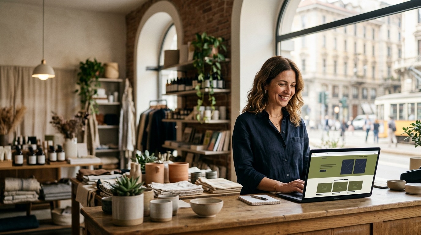Titolare di un negozio sorride davanti al portatile mentre guarda il nuovo sito web della sua attività