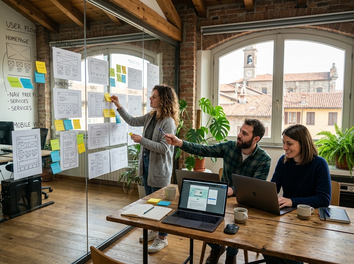 Team di una web agency al lavoro su wireframe e bozze di un sito in un ufficio luminoso